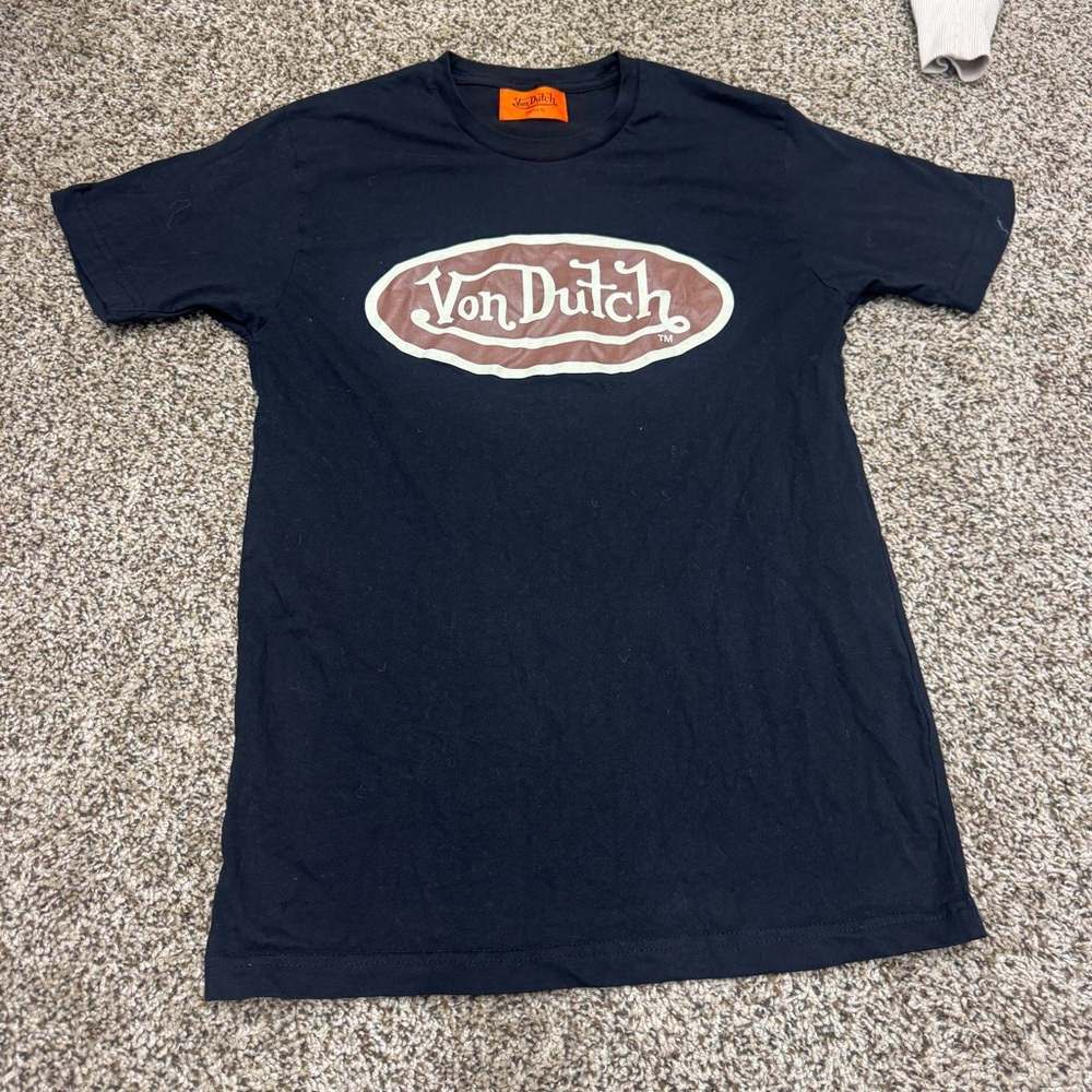Von Dutch Men's Black T-Shirt with Brown Logo